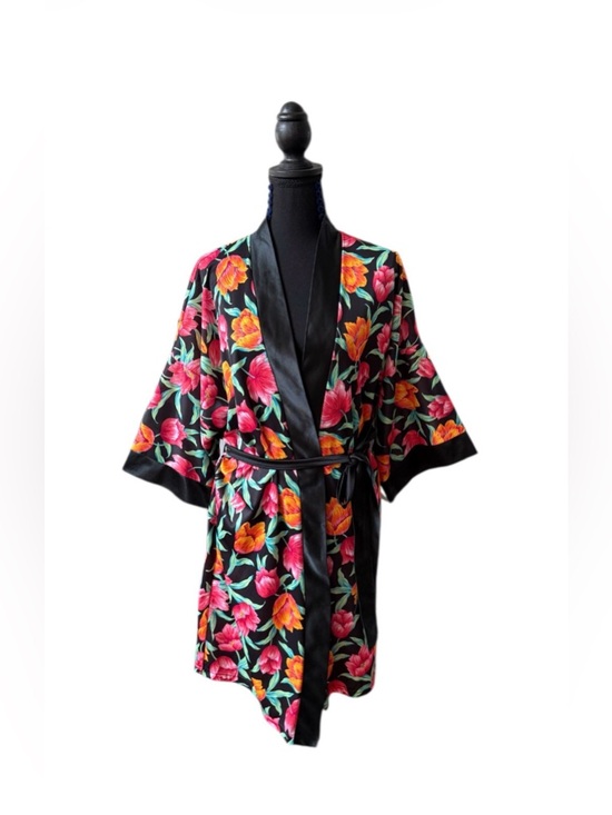 Jackets & Blazers - Black Floral Satin Kimono Bathrobe  with Pink & Orange Tulip Blooms
